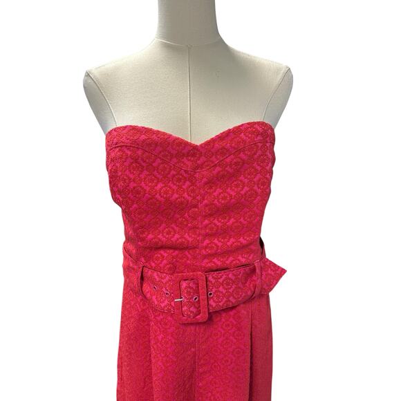 Ett Twa Anthropologie Haley Strapless Jumpsuit Pink Jacquard Crop Wide Leg - Picture 3 of 5